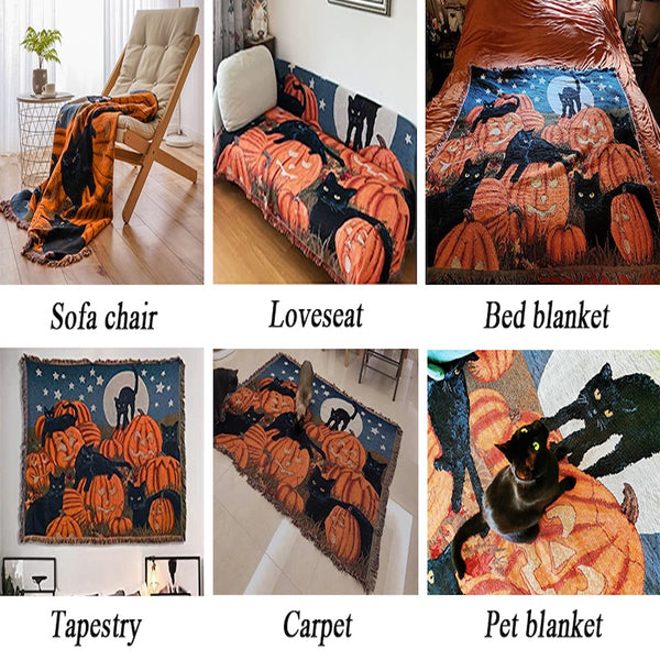 Sakerplus® Vintage Halloween Cat Cozy Throw Blanket