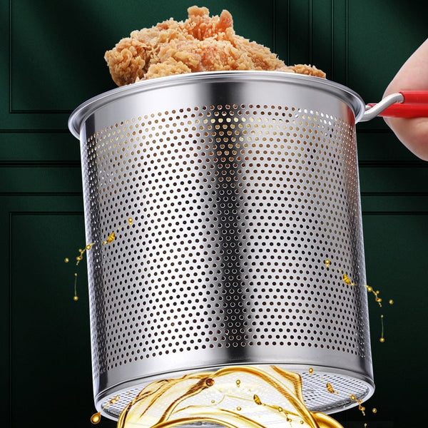 Perforated stainless steel basket draining excess oil