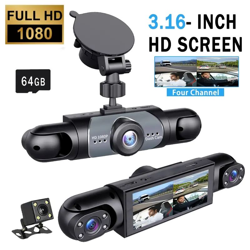 Full view four channel car dash camera system