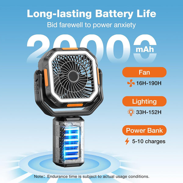 Ventilador de camping Sakerplus con luz y batería