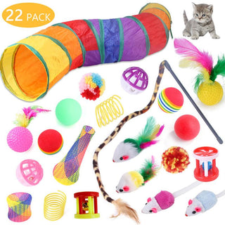 Cat Toys Interactive Play Set – 22PCS Value Pack with Cat Tunnel, Feather Wand, Jingle Bell Balls, Crinkle Balls, Rainbow Balls, Colorful Mice, Springs, Sisal Toys, and Feather Accessories | Engaging Interactive Cat Toy Kit for Indoor Cats and Kittens