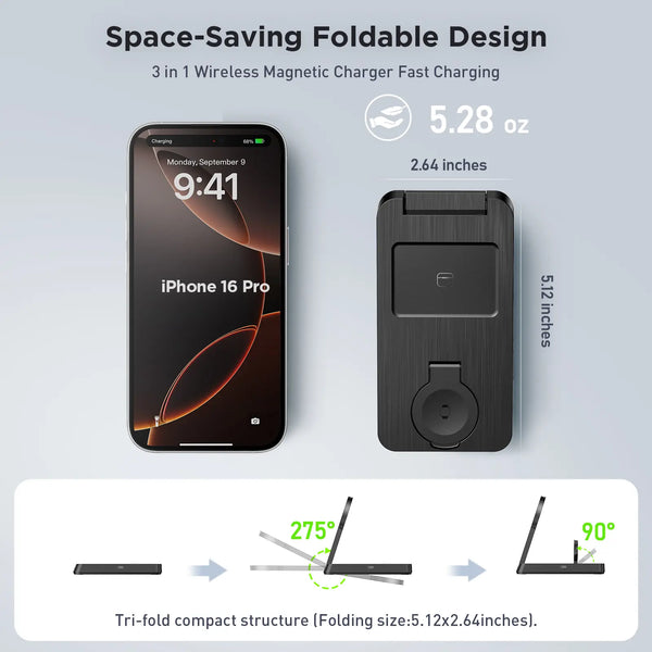 Sakerplus® Magnetic Foldable 3-In-1 Wireless Charging Station