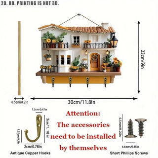 Sunflower Cottage Wooden Key Holder, Wall-Mounted Rustic Home Organizer with 4 Sturdy Metal Hooks, Realistic Sunflower Cottage Design, Durable High-Quality Wood Construction, Vibrant HD Printing, Lightweight and Easy to Hang, Multi-Functional Storage for Keys, Kitchen Utensils, Accessories, and Small Household Items, Antique Copper Hooks