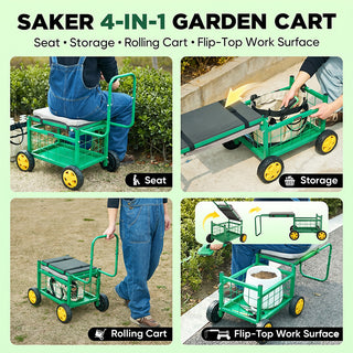 Sakerplus® Rolling Garden Cart with Seat & Wheels