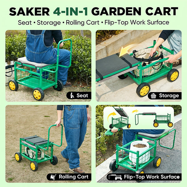 Sakerplus® Rolling Garden Cart with Seat & Wheels