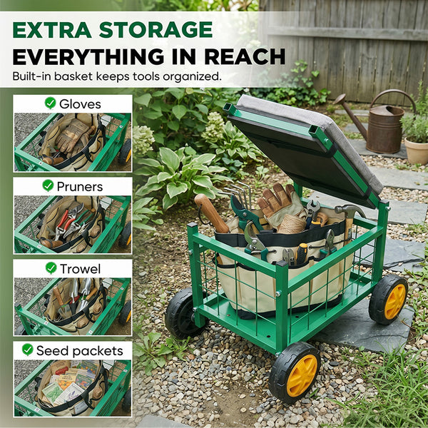 Sakerplus® Rolling Garden Cart with Seat & Wheels