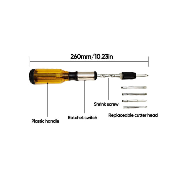 SAKERPLUS Push Pull Ratchet Screwdriver With 5 Screwdriver Heads