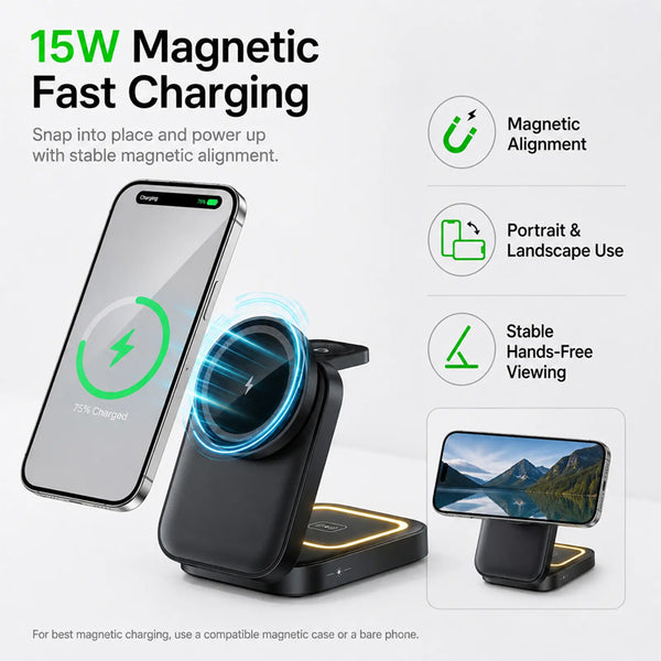 Sakerplus® 3-In-1 Foldable Magnetic Wireless Charging Station