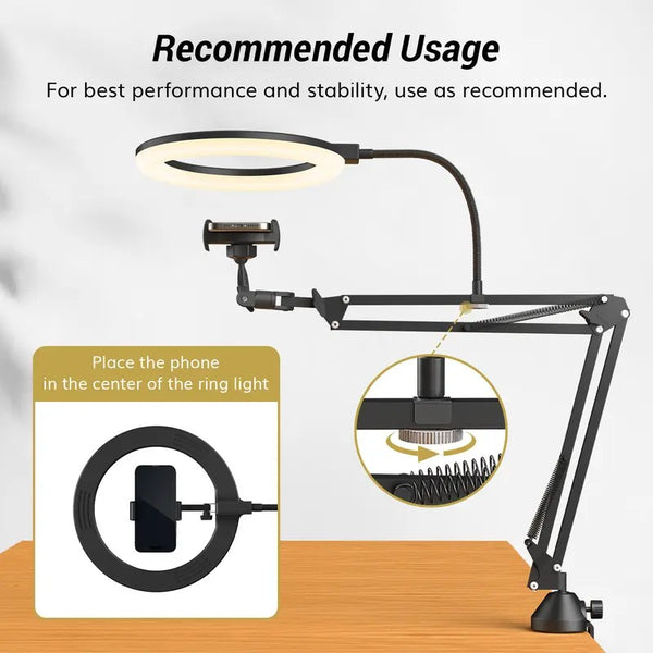 Sakerplus® Overhead Ring Light Kit with Boom Arm & Phone Holder