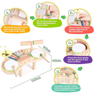 Sakerplus® 7 In 1 Wooden Kids Drum Set