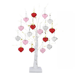 Árbol de abedul de mesa LED Sakerplus® con 18 adornos de corazón