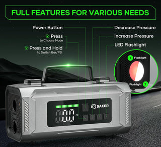 Arrancador de batería Saker con compresor de aire 6 en 1 multifuncional 