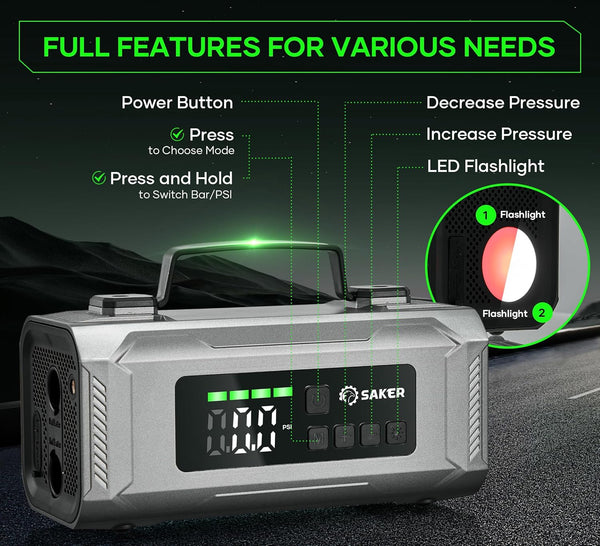 Saker Jump Starter with Air Compressor 6-in-1 Multifunctional