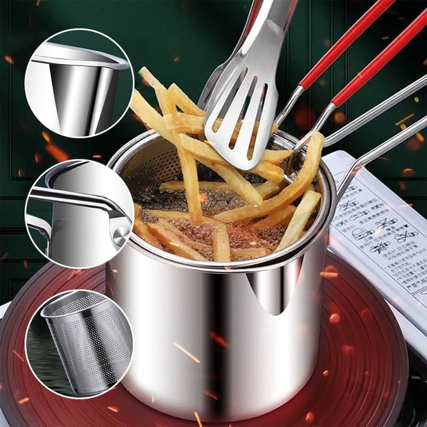 Stainless steel fryer details including pouring spout and basket