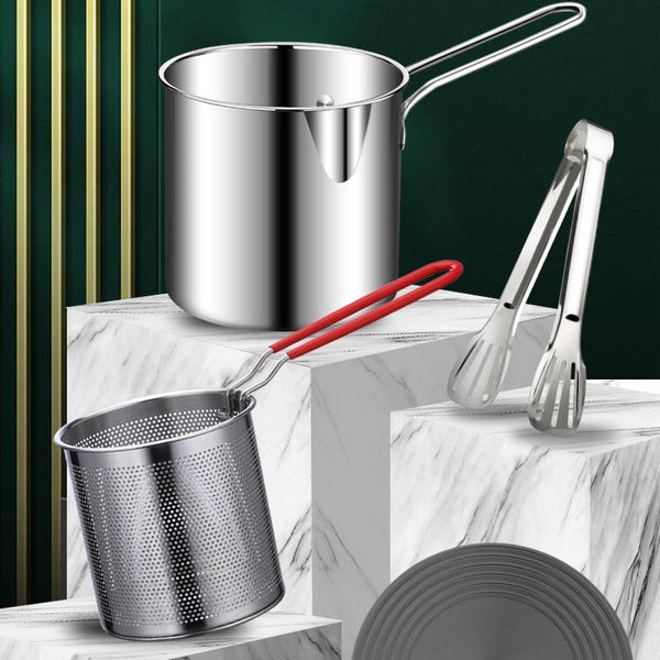 Stainless steel fryer pot basket lid and kitchen tongs