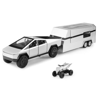 Sakerplus® Truck and RV Trailer Toy Set Pickup Model with Pull-Back Action, Diecast Alloy Vehicle Set with Lights and Sounds, 1/32 Scale Pickup Truck with Opening Doors, Hood and Tailgate, RV Camper Trailer with Detailed Interior, Motorcycle Toy Included
